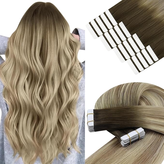 YoungSee Tape in Extensions Ombre Blonde Tape in Hair Extensions Ash Blonde Balayage Platinum Blonde Tapein Hair Extension Real Human Hair 12 Inch 30g Balayage Tape-on Hair Extension 20pcs
