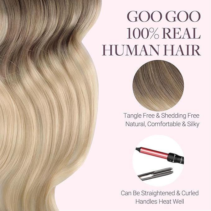 GOO GOO Tape in Hair Extensions Human Hair, 9/18J/60 Chocolate Brown to Champagne Blonde Balayage, 24inch 50g 20pcs, Skin Weft Seamless Invisible, Silky Straight with Thick Ends, Remy Human Hair
