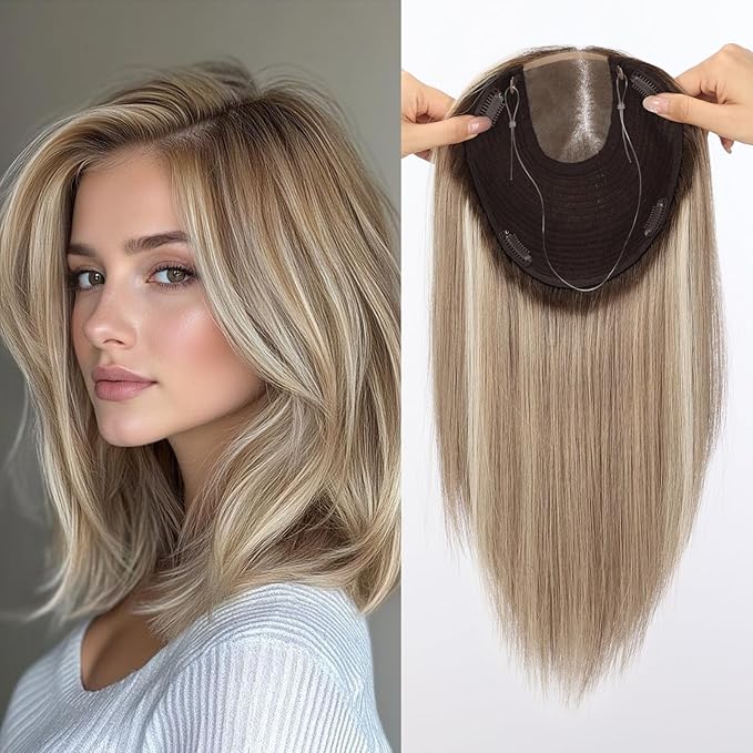 MONO TOP Hair Toppers for Women Human Hair 12 Inch 7"×8" Big Base Partial wig Cover Thinning Hair or Loss No Bangs Top Hair Pieces Natural Wiglets (Gray Blonde with Platinum Highlights)