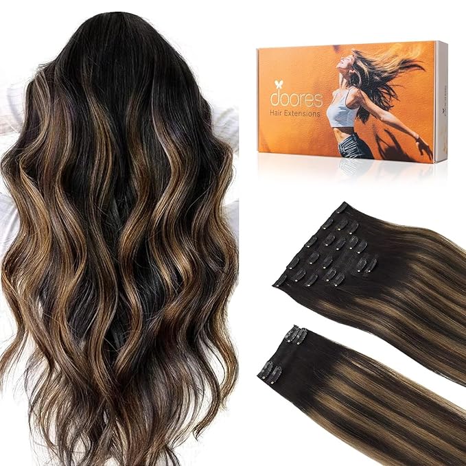 DOORES Clip in Hair Extensions - Balayage Natural Black to Chestnut Brown, 14 Inch 150g 9pcs, Real Human Hair, Remy Straight Natural Hair Extensions