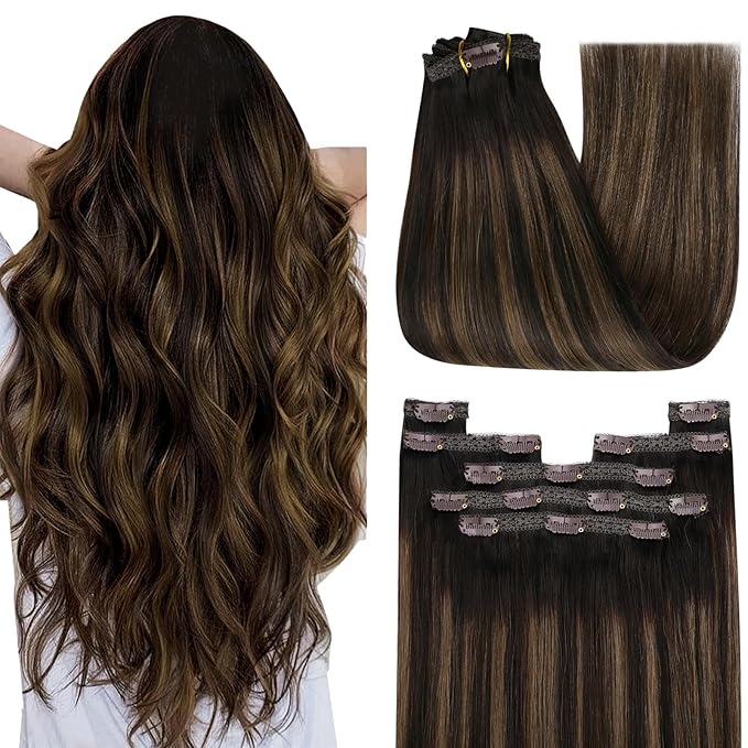 YoungSee Clip in Hair Extensions Balayage Dark Brown Mix Medium Brown Real Human Hair Extensions Clip ins Brunette Clip in Hair Extensions Human Hair for Women 24Inch 120G 7Pcs
