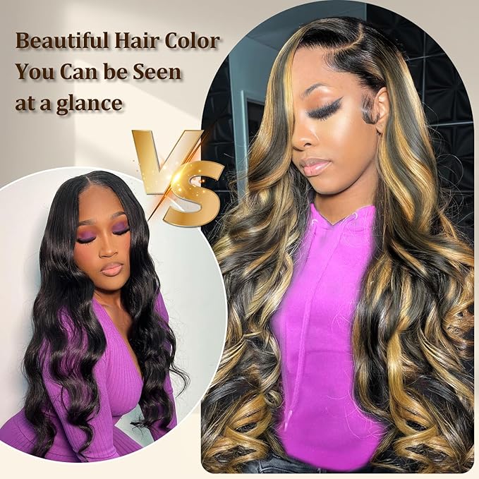 Ombre 13x6 Body Wave Human Hair Lace Front Wigs 24inch 200% Density HD Transparent Lace Frontal Wigs Human Hair Pre Plucked Bleached Knots Human Hair for Women with 1b/27 Color Baby Hair