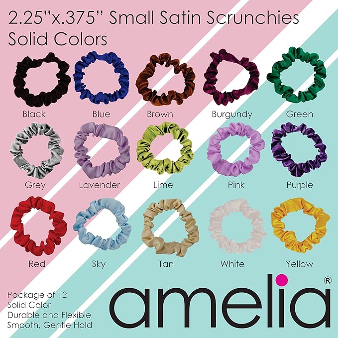 Amelia Beauty, Grey Satin Small Scrunchies, 12-Pack – No Damage Hair Ties for Women, Gentle & Durable Hair Accessories, 2.5in x 0.5in