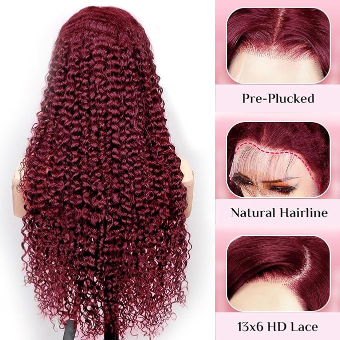 BVLBVL 36 Inch 99j 13x6 HD Lace Front Wigs Human Hair 250% Density Deep Wave Lace Front Wigs Pre Plucked Burgundy Wig Human Hair Wet And Wavy No Tangle No Shedding Triple Lifespan 3x
