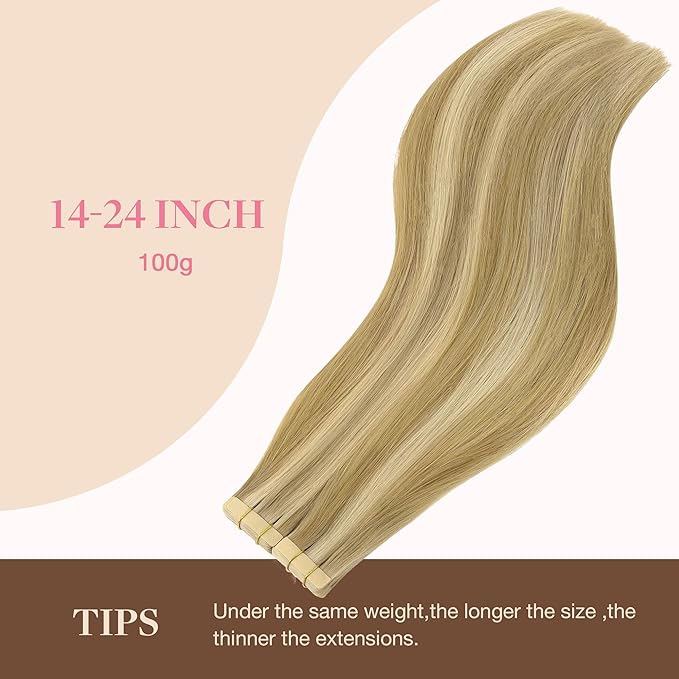 GOO GOO Tape in Hair Extensions Human Hair, 16/22 Light Blonde Highlighted Golden Blonde, 10inch 60g 40pcs, Skin Weft Seamless Invisible, Silky Straight with Thick Ends, Remy Human Hair
