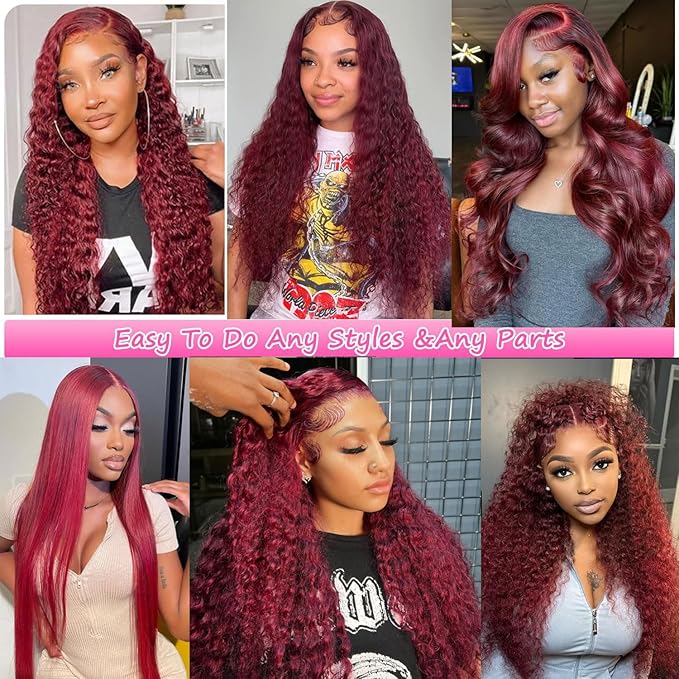BVLBVL 24 Inch 99j 13x6 HD Lace Front Wigs Human Hair 250% Density Deep Wave Lace Front Wigs Pre Plucked Burgundy Wig Human Hair Wet And Wavy No Tangle No Shedding Triple Lifespan 3x