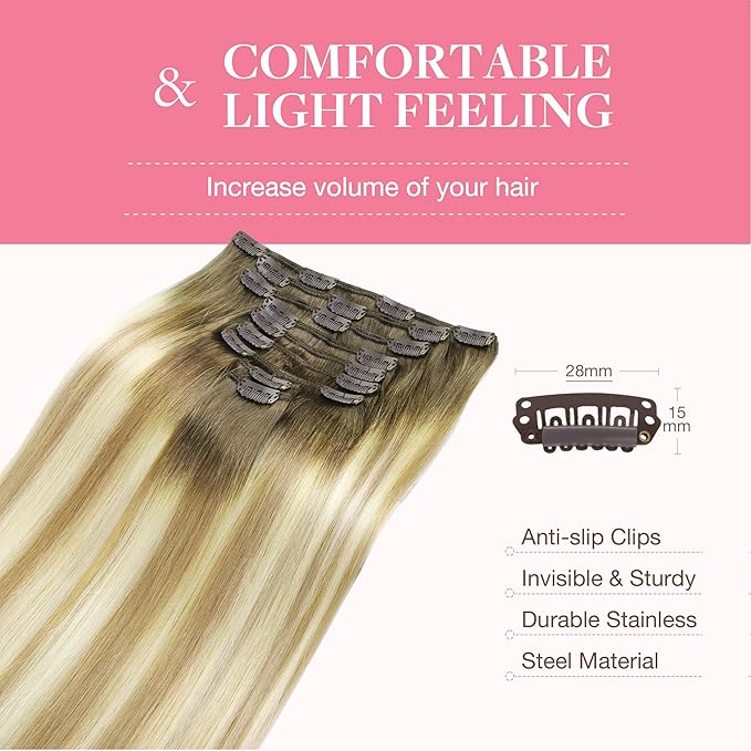 GOO GOO Clip in Hair Extensions Real Human Hair, Remy Human Hair Extensions Clip ins for Women, Natural Human Hair, 22inch 150g 9Pcs, 5A/90/16F Bahamian Balayage