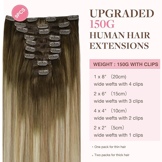 GOO GOO Clip in Hair Extensions Real Human Hair, Remy Human Hair Extensions Clip ins for Women, Natural Human Hair, 16inch 150g 9Pcs, 3/8/613 Balayage Walnut Brown to Ash Brown and Bleach Blonde