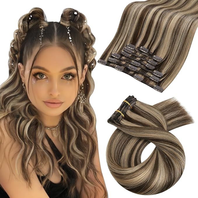 Moresoo Clip in Hair Extensions Dark Brown with Caramel Blonde Highlight Hair Extensions Real Human Hair Clip ins Brown Highlighted Full Head 7Pcs 120Grams 18inch