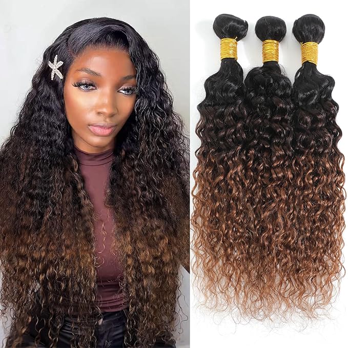 Ombre Bundles Human Hair Water Wave Chestnut Brown Ombre Water Wave Bundles T1B/2/30 Color 100% Real Human Hair Wavy Sew in Weft Weave 12 14 16 Inch