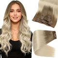 Full Shine Clip in Extensions for Women Ombre Clip in Hair Extensions Ash Brown to Platinum Blonde 22 Inch Seamless Human Hair Clip ins Extension Add Length 120 G 8 PCS