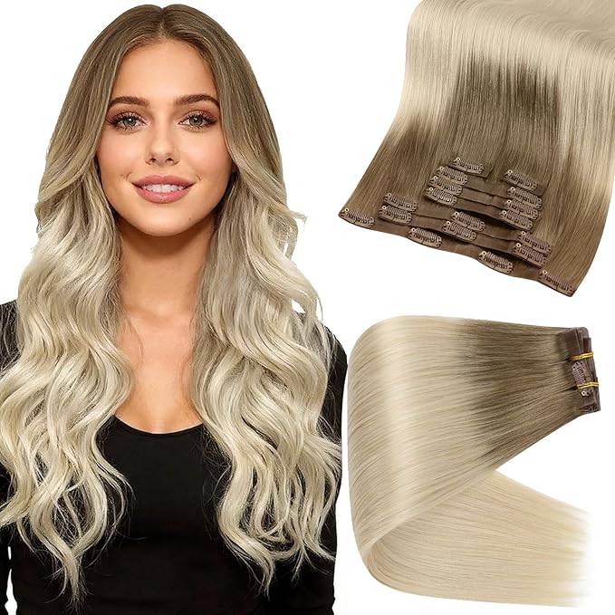 Full Shine Seamless Clip in Hair Extensions 18 Inch Ash Brown Ombre Platinum Blonde Human Hair Extensions for Thick Ends Add Volume for Long Hair 8 PCS 120 Grams