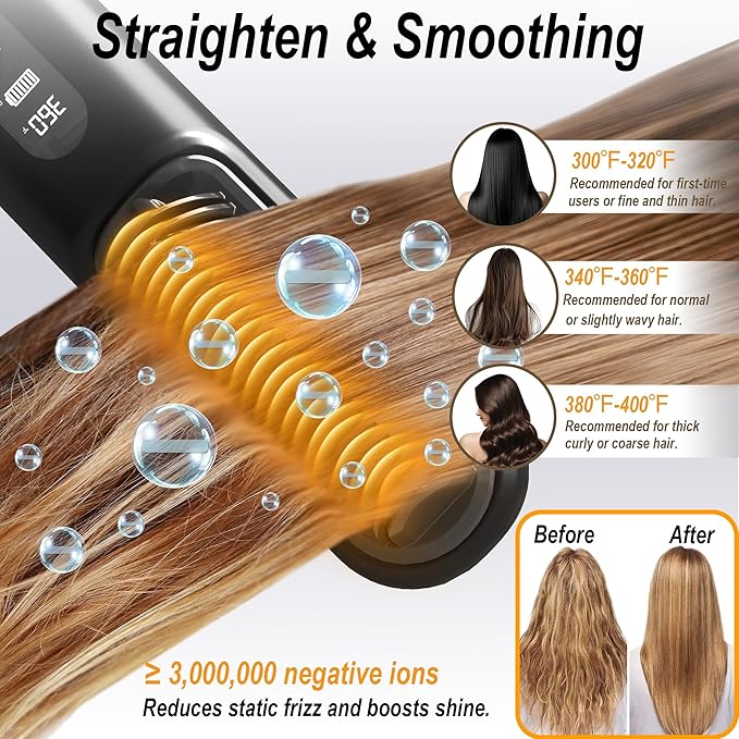 Hair Straightener Brush Cordless, 30s Fast Heating 300Million Negative Ions Hair Straightening Comb Frizz-Free with 6 Temps, 10000mAh Rechargeable Battery Portable for Women Travel Quick Touch-ups