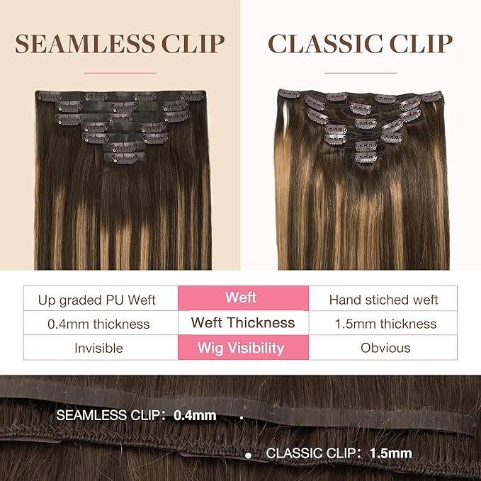 GOO GOO Clip in Hair Extensions Real Human Hair, Remy Human Hair Extensions Clip ins for Women, Natural Human Hair, 22inch 160g 7Pcs, #4/27/4 Balayage Chocolate Brown to Caramel Blonde