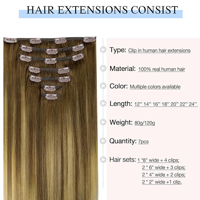 DOORES Clip in Hair Extensions, Human Hair, Medium Brown Highlighted Dirty Blonde, 18 Inch 7pcs 120g, Remy Hair Extensions Straight Natural Real Hair