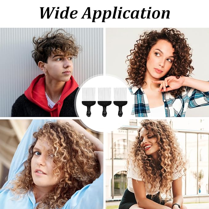 3pcs Hair Pick for Curly Hair, Stainless Steel Wide Tooth Detangling Comb Metal Afro Pick Comb with PP Handle for Curly Haircomb, Braids, Wigs Black