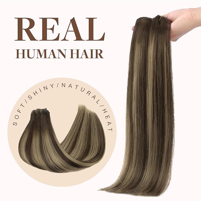 GOO GOO Clip in Hair Extensions Real Human Hair, Remy Human Hair Extensions Clip ins for Women, Natural Human Hair, 20inch 151g 7Pcs, 4/26/4 Balayage Chocolate Brown to Honey Blonde
