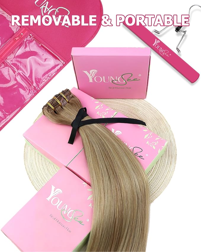 YoungSee Clip in Hair Extensions Balayage Light Brown Mix Platinum Blonde Clip in Extensions Real Human Hair Light Brown Soft Remy Hair Clip ins Extensions 120G 18Inch 7Pcs