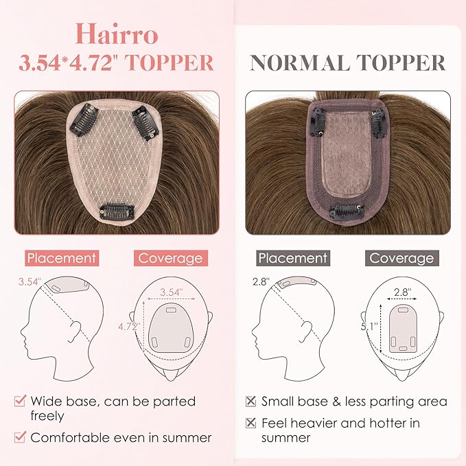 Hairro Human Hair Toppers with Wispy Bangs, 3.5x4.7" Hand-wovened Base for Women with Thinning Hair, Lightweight & Breathable Realistic Scalp, Clip-in Hairpieces for Easy Wear, 16 Inch Cocoa Brown