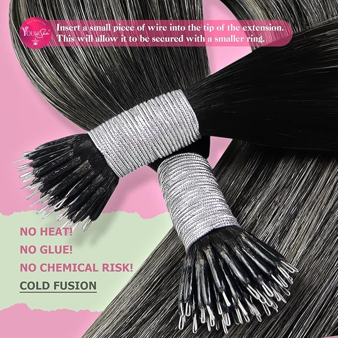 YoungSee Nano Extensions Human Hair Black Ombre Nano Ring Hair Extensions Balayage Black to Silver Nano Loop Hair Extension Silver Nano-Link Extension Cold Fusion 1g/s 50g 16inch