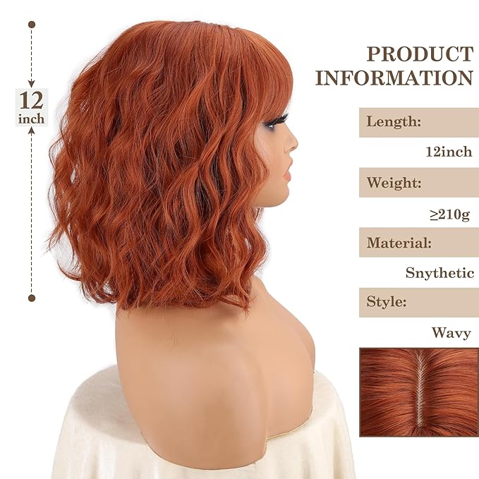 MISSQUEEN Orange Wavy Wigs With Bangs Curly Short Bob Wigs for Women for Heat Resistant Fiber Synthetic Colorful Wig for Daily Party Cosplay Chrismas Halloween Used