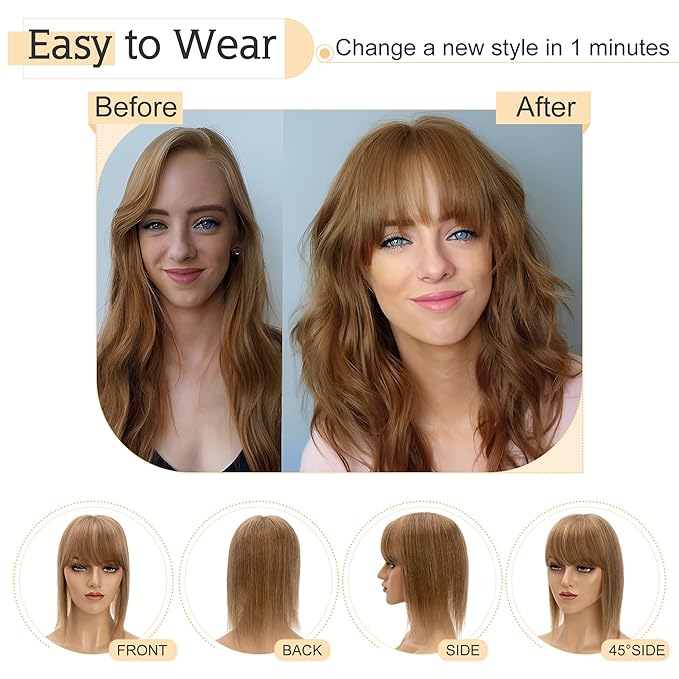 SEGO Hair Toppers for Women Real Human Hair With Bangs, 7 * 13CM Silk Base 100% Remy Human Hair Clip in Top Wiglet Hairpieces Add Volume /6 Inch Light Brown