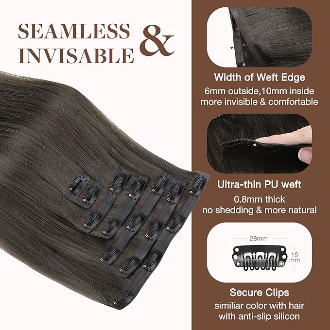 GOO GOO Clip in Hair Extensions Real Human Hair, Remy Human Hair Extensions Clip ins for Women, Natural Human Hair, 18inch 130g 7Pcs, 1C Mocha Brown