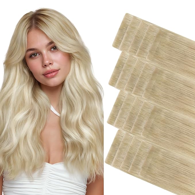 GOO GOO Invisi Edge Tape in Hair Extensions Human Hair, 18ET90A Natural Blonde Balayage 20pcs 22inch 50g, Virgin Remy Hair, Seamless Injected Tape, Natural Look