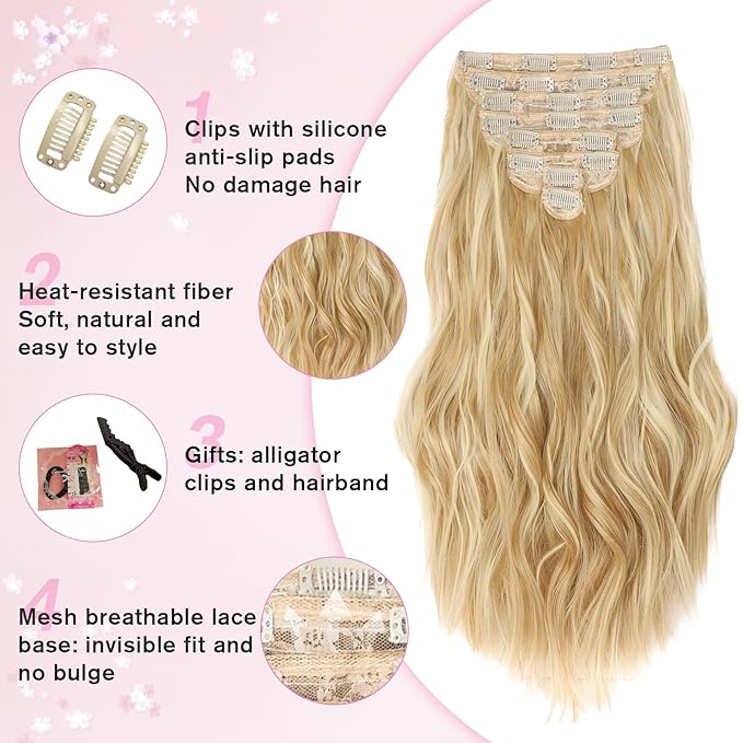 Hair Extensions for Women, 8PCS 20Inch Honey Blonde Mix Beach blonde Clip in Hair Extensions, Synthetic Long Wavy Curly Clip Ins, Full Head Thick Hairpieces for Women