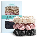 YFONG 3 PCS 100% Mulberry Silk Scrunchies for Women Girls, 22 Momme Soft Hair Ties for Frizz & Breakage Prevention, Elastic Ponytail Holders Gentle And No hurt, (Pink+Black+Champagne)