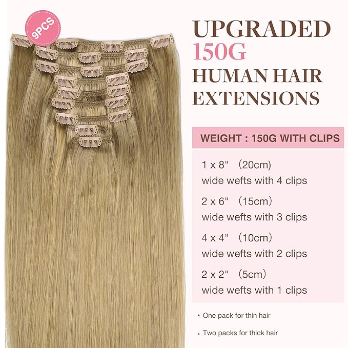 GOO GOO Clip in Hair Extensions Real Human Hair, Remy Human Hair Extensions Clip ins for Women, Natural Human Hair, 20inch 150g 9Pcs, 7 Bronde
