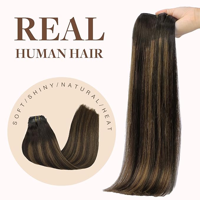 GOO GOO Clip in Hair Extensions Real Human Hair, Remy Human Hair Extensions Clip ins for Women, Natural Human Hair, 16inch 130g 7Pcs, 2/6/2 Balayage Dark Brown to Chestnut Brown