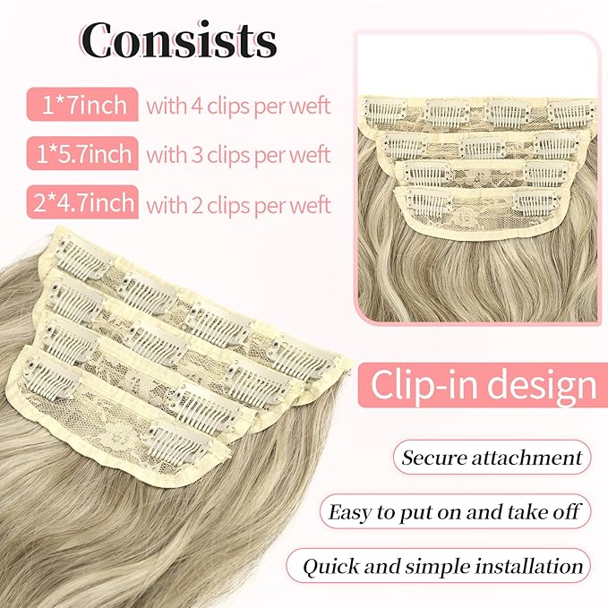 KooKaStyle Clip in Synthetic Highlight Hair Extensions Long Wavy 4PCS Thick Hairpieces Ashy Beige Blonde Balayage Fiber Double Weft Natural Hair Extensions 20 Inch for Women