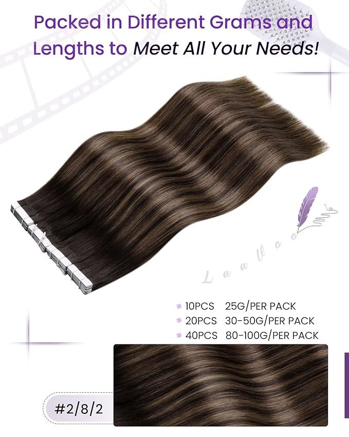 LaaVoo Balayage Tape in Hair Extensions Human Hair Brown Hair Extensions Tape in Balayage Darkest Brown to Light Brown Human Hair Tape in Extensions Silky Straight Hair 22inch 100g 40pcs