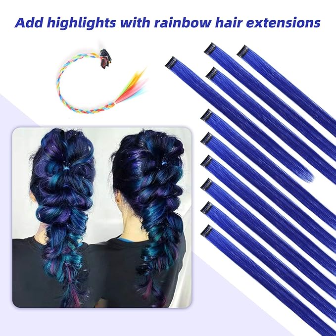 Blue Hair Extensions Clip in, 22 Inch 10 Pcs Long Straight Colored, for Kids Girls Women Highlight Party, Synthetic