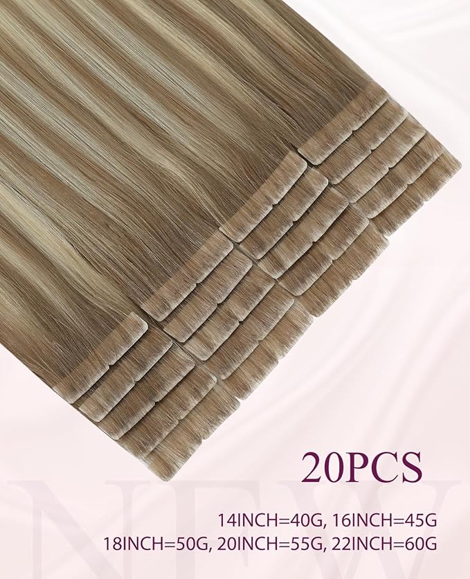 Pinkpearl Invisible Tape in Hair Extensions Human Hair, 20pcs 20inch 55g #8T60 Balayage Ash Brown to Platinum Blonde Injection Tape in Extensions Real Remy Seamless Human Hair Injected