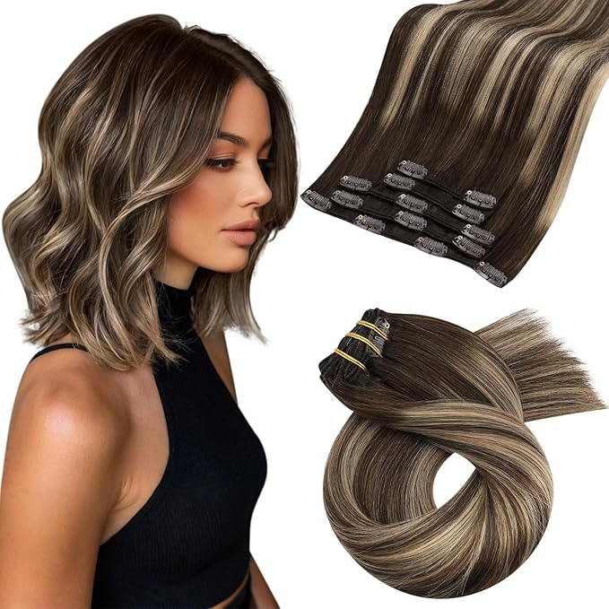 Moresoo Clip in Hair Extensions Dark Brown to Blonde Balayage Hair Extensions Clip ins Real Human Hair For Short Ombre Dark Brown to Caramel Blonde Double Weft 80g/5pcs 10 inch