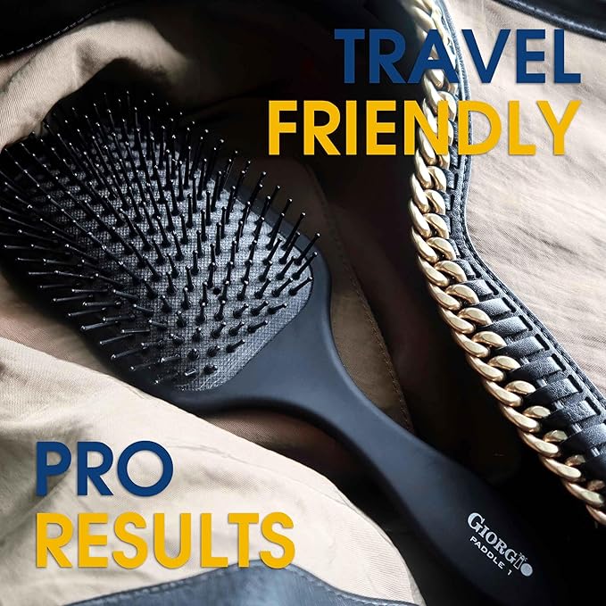 Giorgio Detangling Paddle Brush - Large Air Cushion Paddle Brush with Ball Tip Tourmaline Bristles - Anti Static Hair Care Tool for Men and Women, Wet or Dry - Black