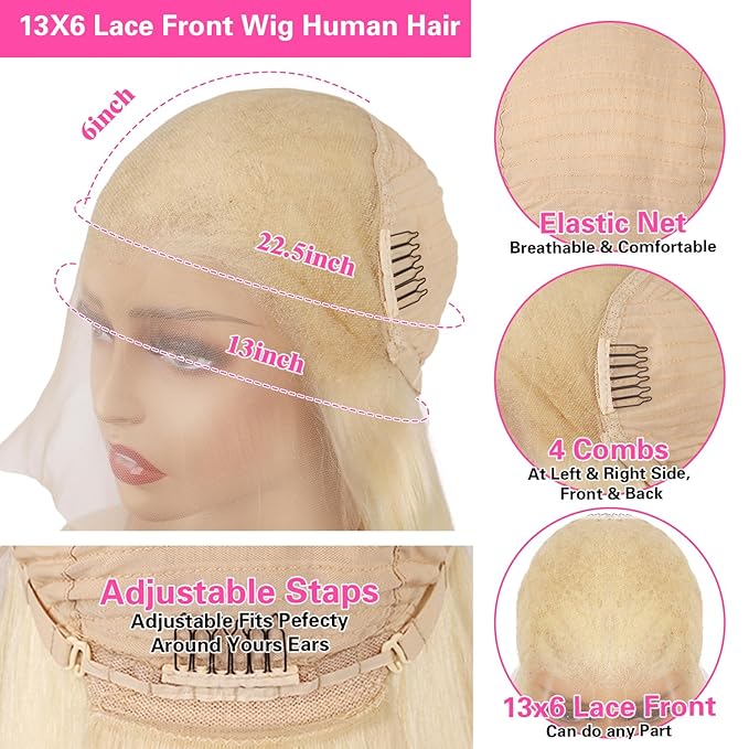 613 13x6 Lace Front Wig Human Hair 200 Density Straight Blonde Lace Front Wigs Human Hair 28 Inch Full & Thick 613 HD Lace Frontal Wig Human Hair Pre Plucked with Baby Hair for Women