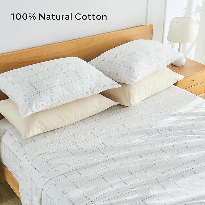 JELLYMONI 100% Natural Cotton Plaid Queen Pillowcases Set, 2 Pack White with Black Grid Geometric Pattern Printed Pillow Covers with Envelope Closure(Pillows are not Included)