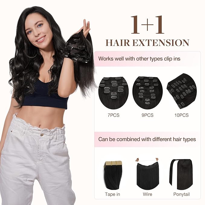 GOO GOO Clip in Hair Extensions Real Human Hair, Remy Human Hair Extensions Clip ins for Women, Natural Human Hair, 14inch 60g 4Pcs, 1B Natural black