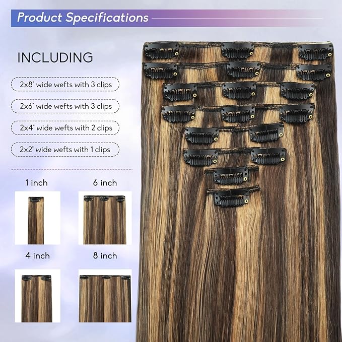 Clip in Hair Extensions Real Human Hair, 14 Inch 75g, 2/6 Dark Brown to Chestnut Brown, Invisible Seamless Remy Human Hair Clip in Extensions for Women 8pcs Per Set with Double Weft