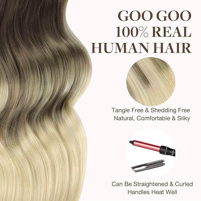 GOO GOO Tape in Hair Extensions Human Hair, 9/60 Balayage Ash Brown to Platinum Blonde, 20inch 50g 20pcs, Skin Weft Seamless Invisible, Silky Straight with Thick Ends, Remy Human Hair