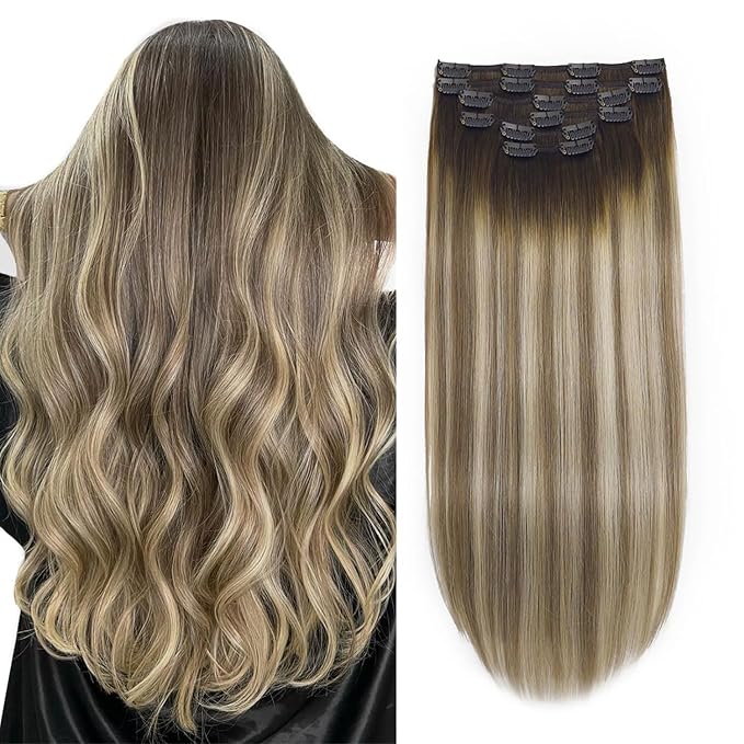 XDhair Human Hair Clip in Extensions 100g 6pcs 16 Inch Balayage Ombre Walnut Brown to Ash Brown and Blonde Clip in Hair Extensions Real Human Hair for Women(16”, 3/8/22)