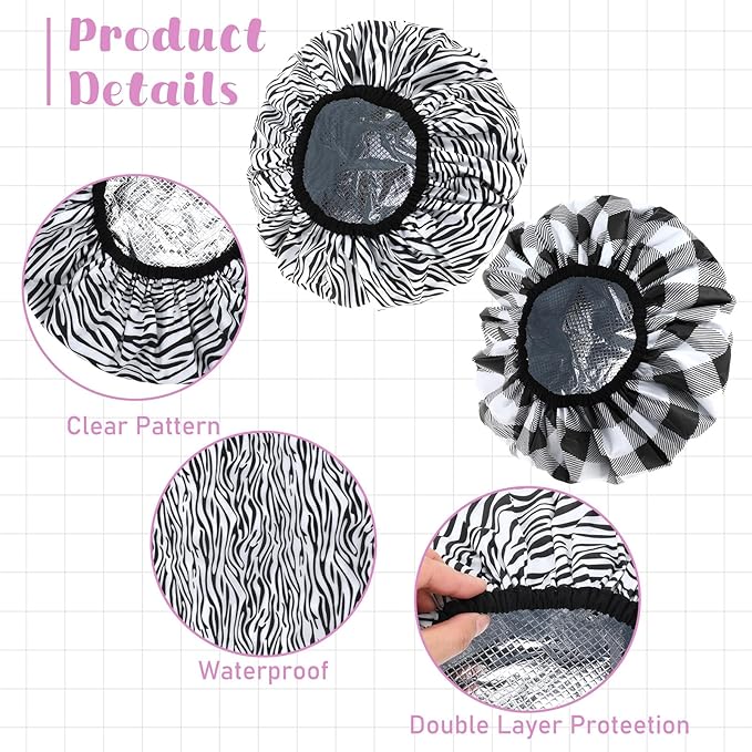 2 Pcs Double Layer Deep Conditioning Cap, Aluminum Foil Hair Heat Cap Reusable Shower Caps Steam Caps for Hair Treatments Home and Salon Use(Striped Plaid)