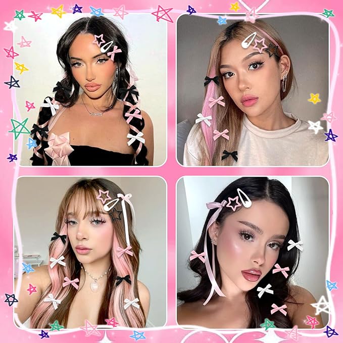 36Pcs Valentine's Day Pink Bow Hair Clips Y2K Star Hair Barrettes for Women Metal Snap Hair Clips Mini Black Satin Hair Bows Water Drop No Slip Hair Pins Accessories for Girls