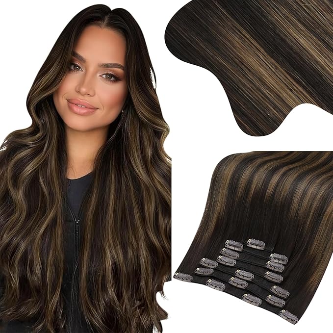 Moresoo Clip in Hair Extensions Human Hair Ombre Dark Brown to Chestnut Brown Real Human Hair Extensions Clip ins 16 inch Double Weft 135g/7pcs