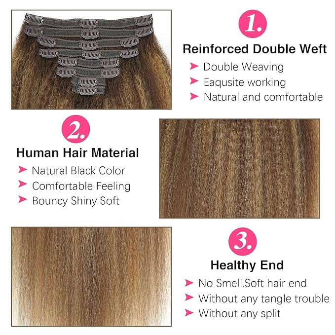 Kinky Straight Clip in Hair Extensions Real Human Highlight Clip ins For Women Unprocessed Clip on Hair Extensions(26inch,#4/27/4)