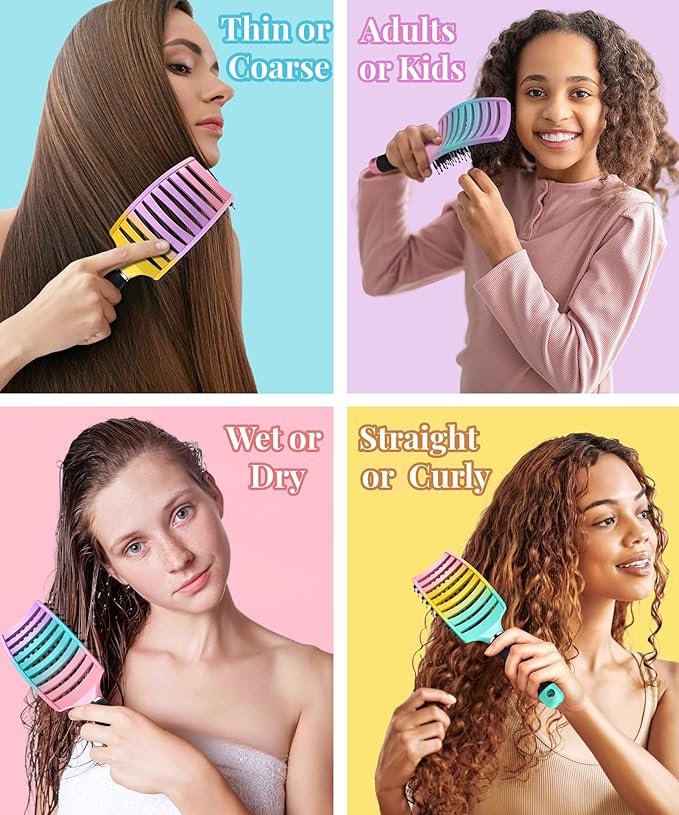 KTKUDY Detangling Brush Boar Bristles Hairbrush Make Hair Shiny & Healthier Curved and Vented Detangler Brush for Women Men Kids Wet & Dry Hair (Rainbow)