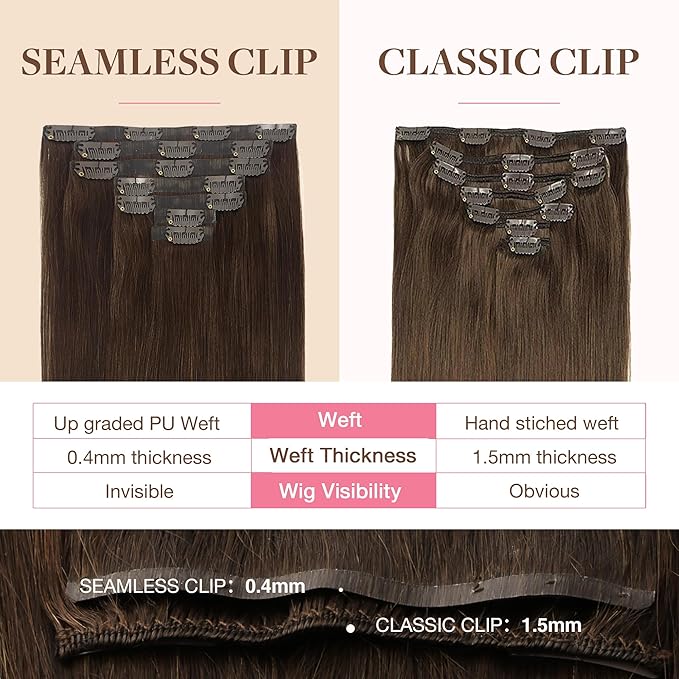 GOO GOO Clip in Hair Extensions Real Human Hair, Remy Human Hair Extensions Clip ins for Women, Natural Human Hair, 18inch 130g 7Pcs, 4A Chocolate Brown